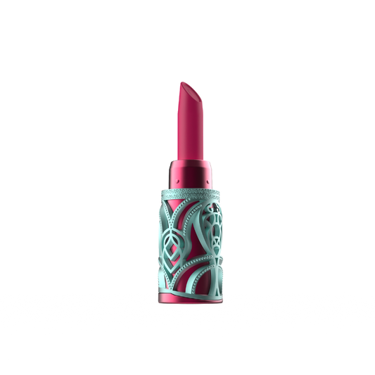 Pink lipstick-inspired clit sucker vibrator with decorative case on a white background