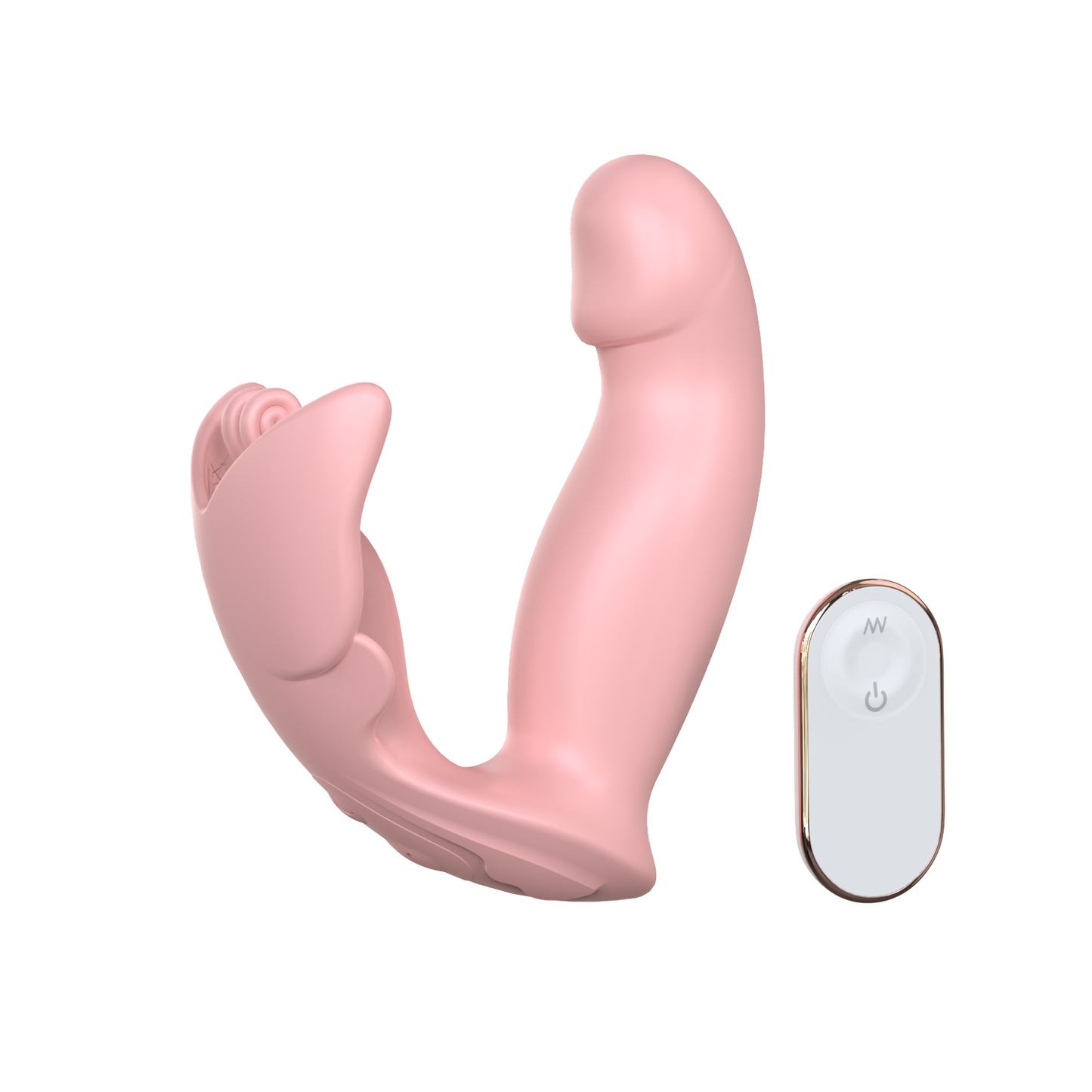 Butterfly-inspired dual vibrator with a white remote control on transparent background
