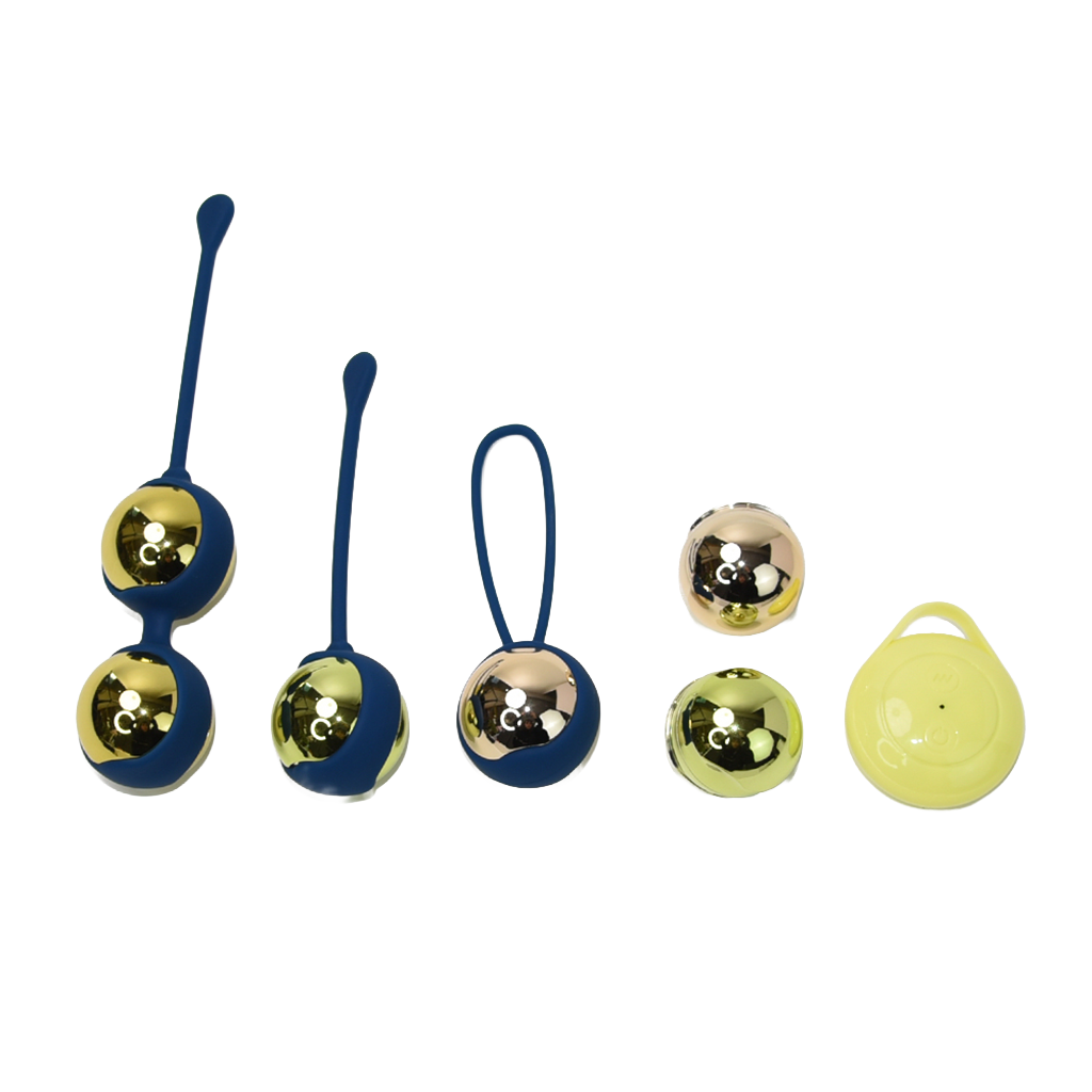 A set of yellow kegel balls with blue bands and yellow remote control on a transparent background