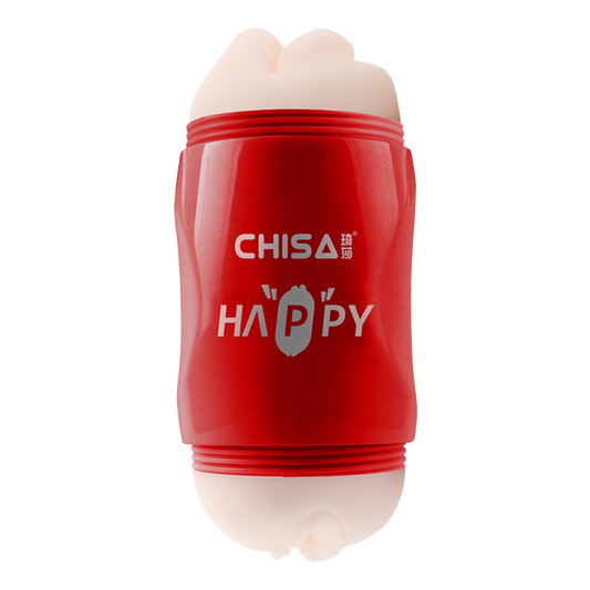 Red dual-ended male masturbator with 'CHISA HAPPY' text on a white background