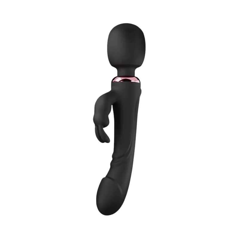 Black handheld wand vibrator and rabbit clitoral stimulator with pink band on a white background