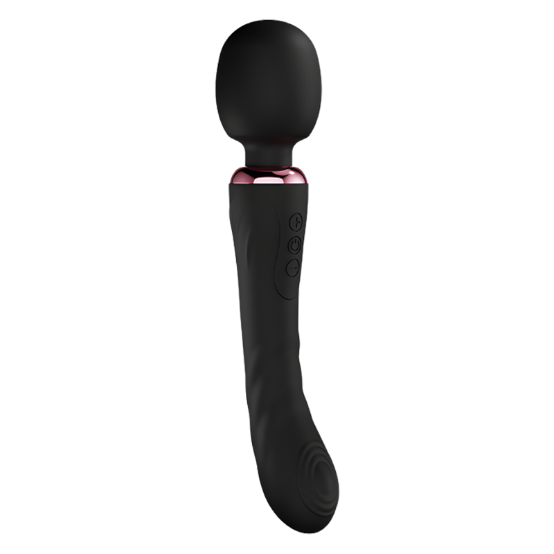 Black handheld wand vibrator or massager with pink band on a white background
