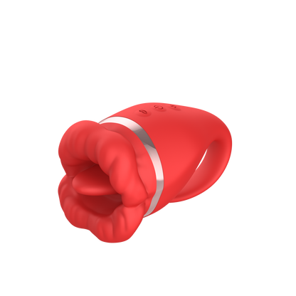 Red silicone clitoral vibrator shaped like lips with tongue with a white band on a white background