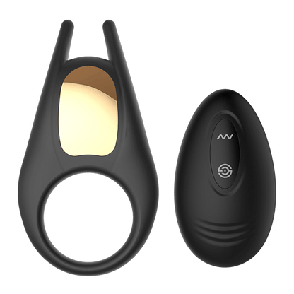 Black cock ring with a clit stimulator and a black remote control on a transparent background