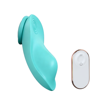 Turquoise wearable vibrator with a white remote control on a white background