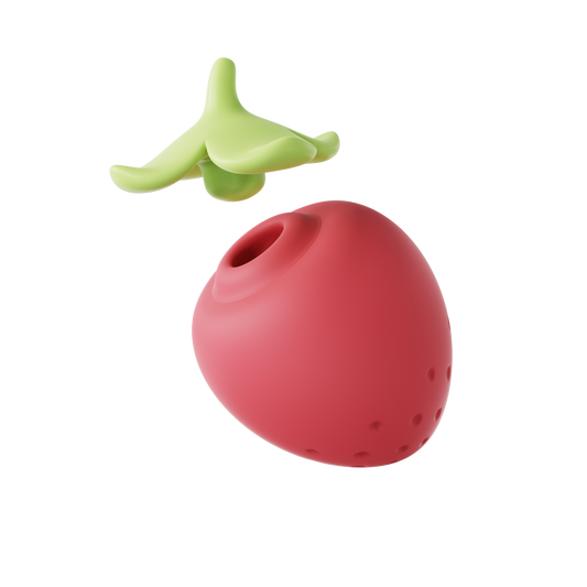 Red strawberry-shaped clitoral vibrator with green leaf detached cap on transparent background
