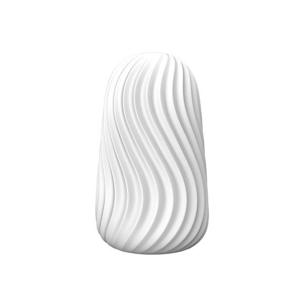 White egg-shaped male masturbator with curved ridges design on a transparent background